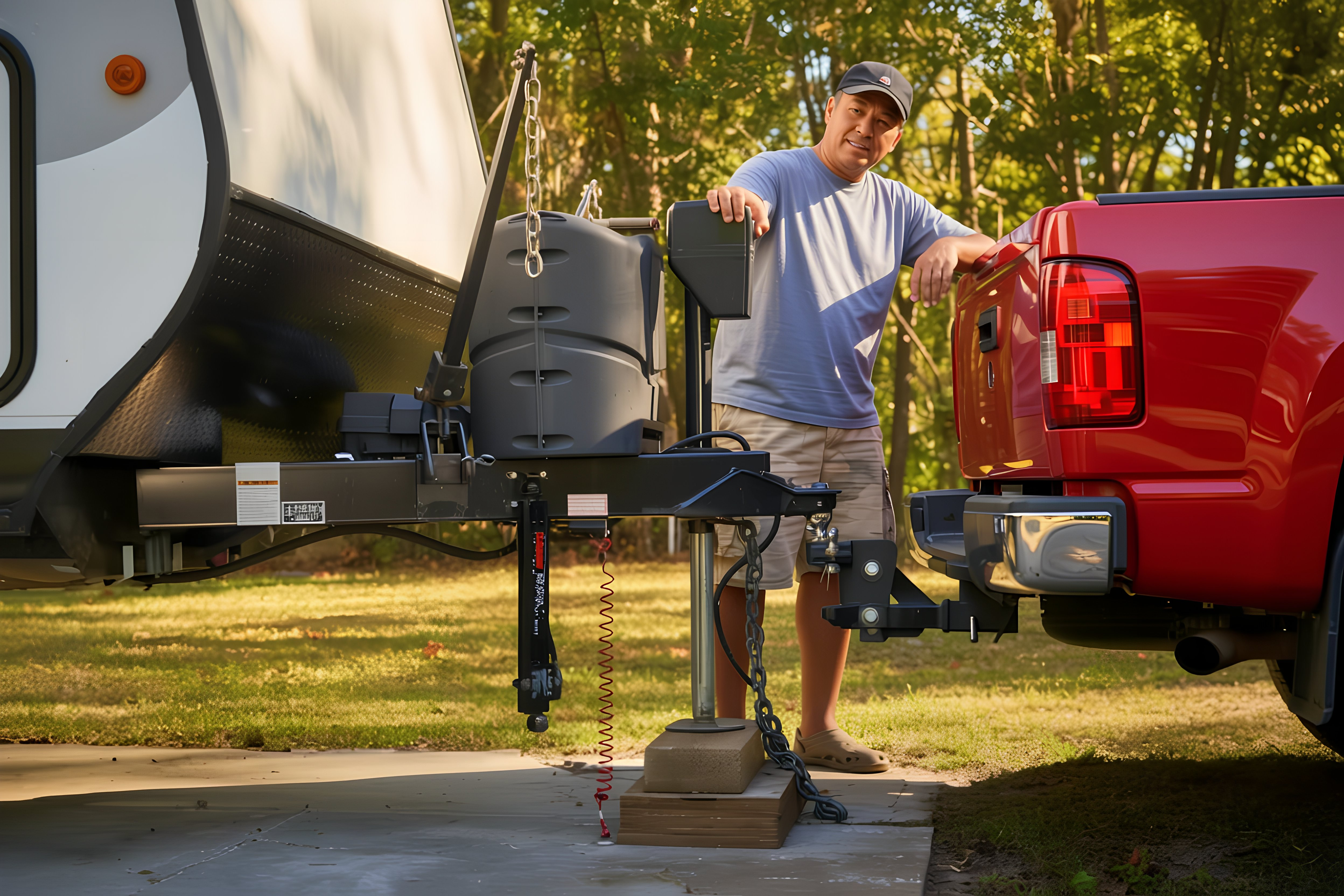 a man hitching a travel trailer to his pickup truck as he goes through his rv setup checklist